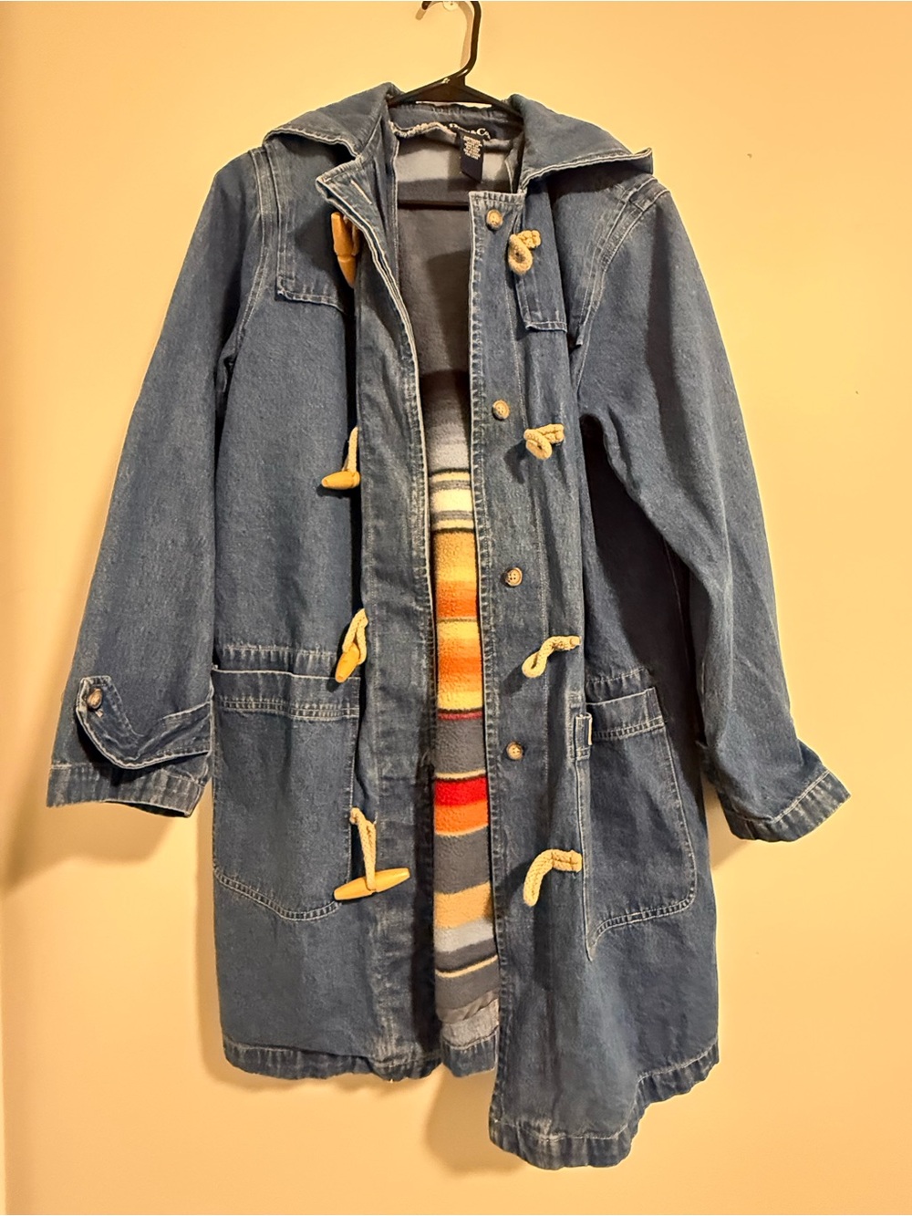 Denim&Co Blue Hooded Toggle Denim Jacket with Lined Stripe Interior